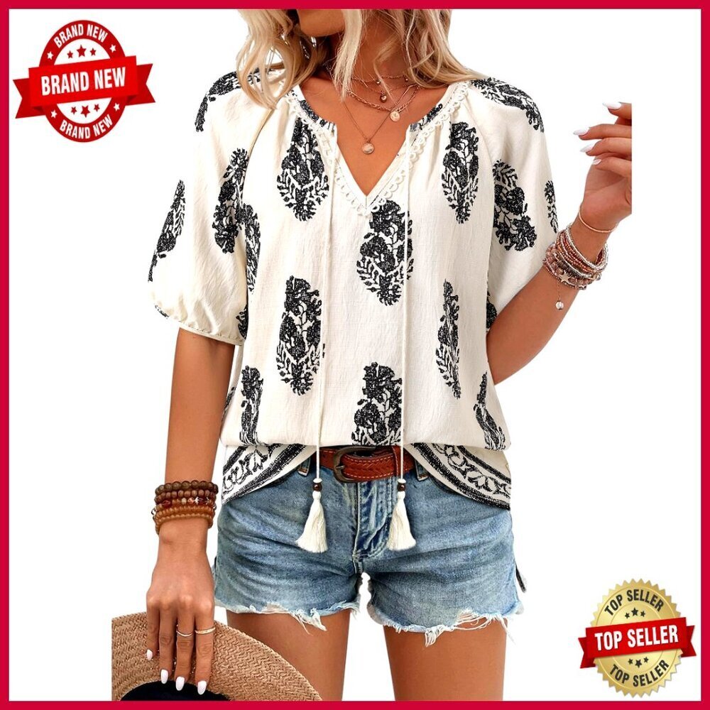 Boho Blouse Lantern Sleeves Flowy Fit Linen Rayon Summer Top